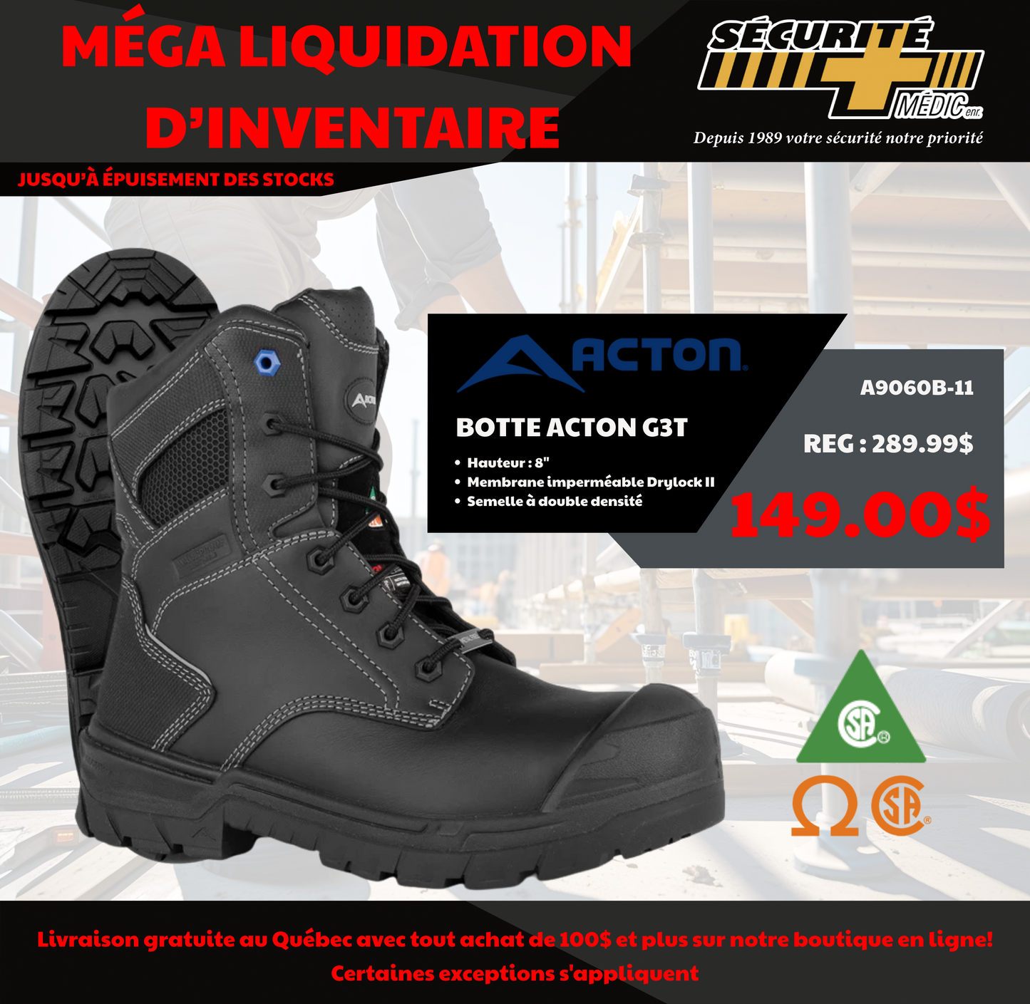 BOTTE ACTON G3T CUIR NOIR 8" WP A9060B-11