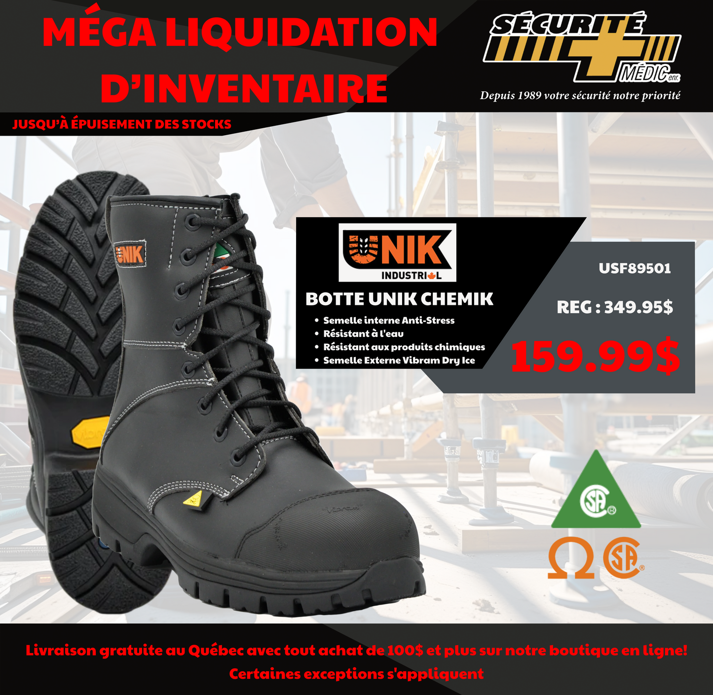 BOTTE DE TRAVAIL CSA UNIK CHEMIK 8" TECHNO FIBRE NOIR USF89501