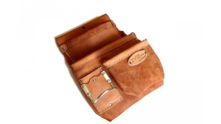 3-POCKET BROWN LEATHER BAG WITH RIGHT-HANDED HAMMER HOLDER
