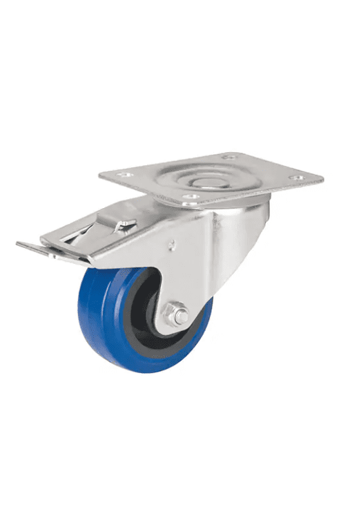 Roulette bleue, Pivotant avec frein, 3" (76 mm), Caoutchouc, 285 lb MO513