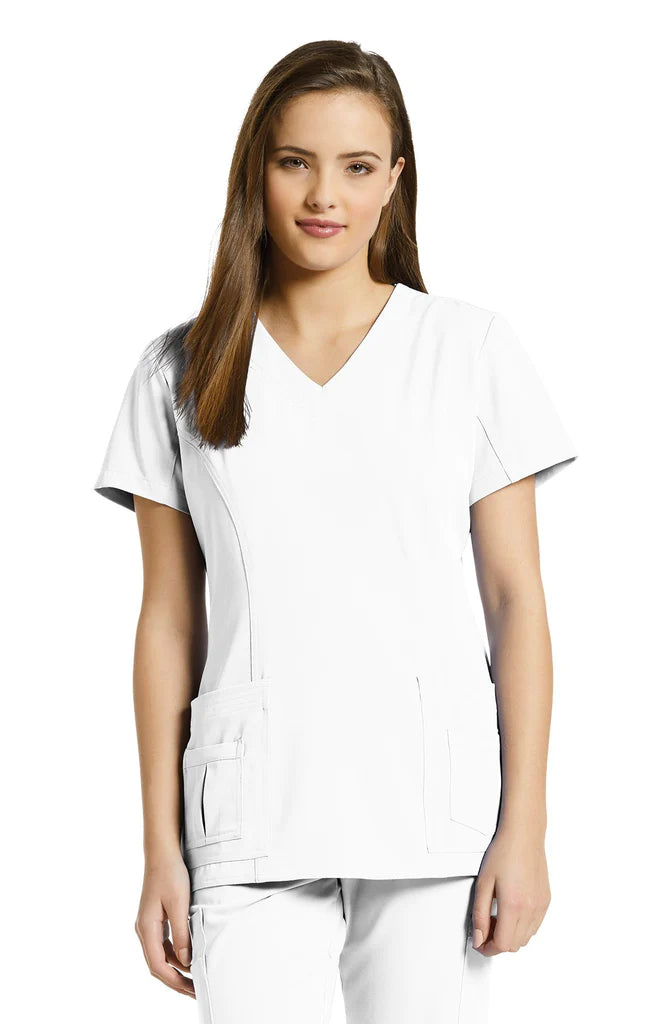 Haut d'uniforme White Cross pour femme col en V à poches superposées #659