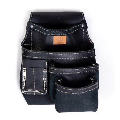 Black Leather Tool and Nail Bag, 4 Pockets with Hammer Holder - DM-354