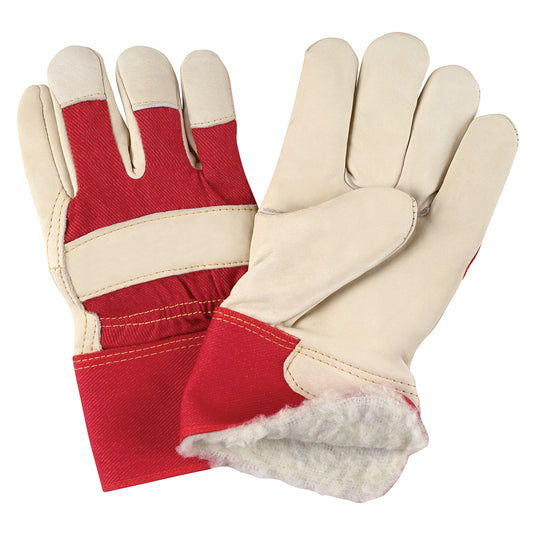Red &amp; white fitters gloves lined for premium quality winter, Grain cowhide palm, Boa lining (SAO053 - SDL882 - SDL883) 